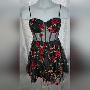 B Darlin Black Dress with Red Floral Embroidery